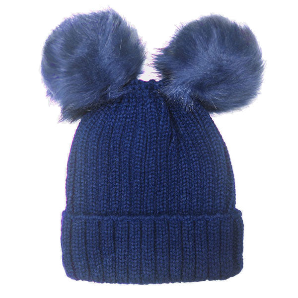 Women's Soft Knit Beanie with Double Faux Fur Pom