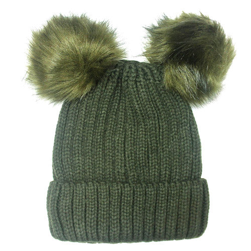 Women's Soft Knit Beanie with Double Faux Fur Pom