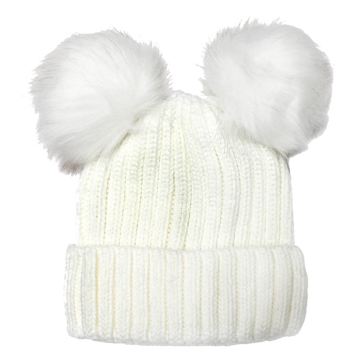 Women's Soft Knit Beanie with Double Faux Fur Pom