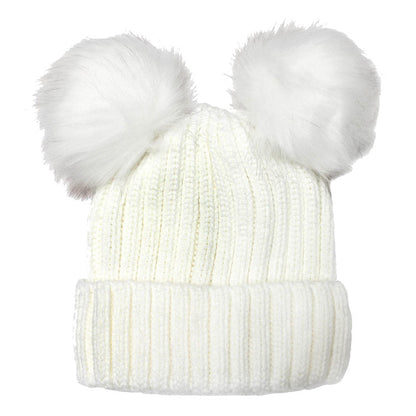 Women's Soft Knit Beanie with Double Faux Fur Pom