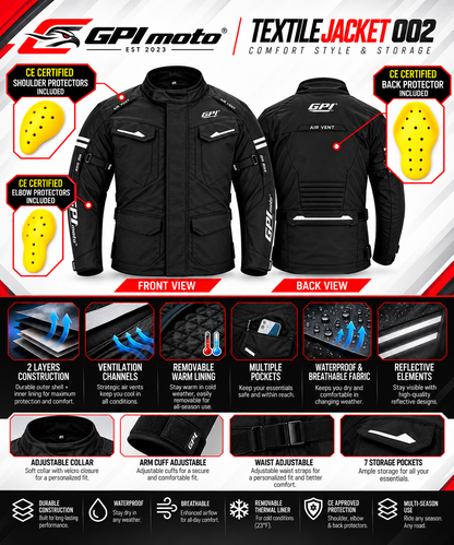 Men's All-Season Waterproof Motorcycle Jacket with Removable Armor – Full Black