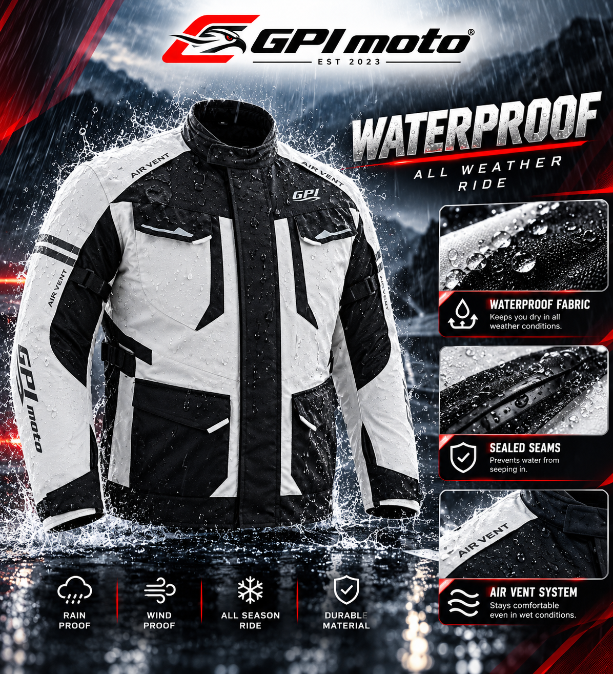 Men's Waterproof Motorcycle Jacket – Beach/Black, 7 Pockets